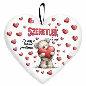 Kicsi szív párna (25×21 cm) „Szeretlek, te vagy a kedvenc problémám” macis Valentin-napi ajándék