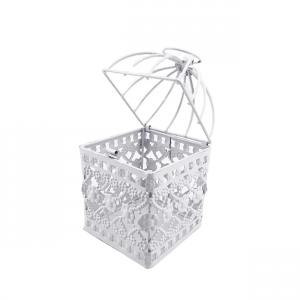 Madár kalitka fehér fém szögletes virágmintás 9,5x9,5x17,5cm