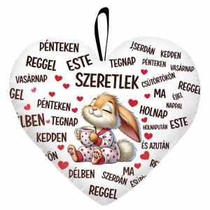 Nagy szív párna (45 cm) – „Szeretlek mindig” nyuszis szív párna | Szerelmes ajándék
