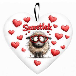 Nagy szív párna (45 cm) – „Szeretlek” szemüveges bárányos párna | Valentin Napi Ajándék