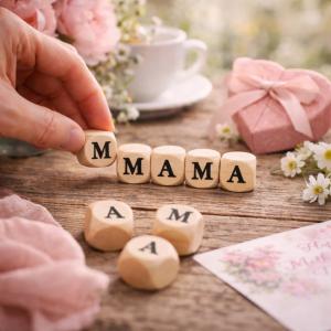 Nyomtatott fa dobókocka natúr - MAMA felirattal 2szett/csomag