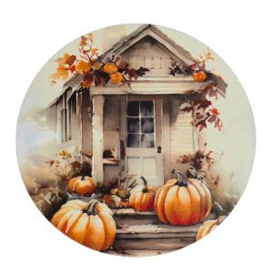 Nyomtatott fa tábla koszorú közép - Fehér-narancs tök házzal 14,8cm