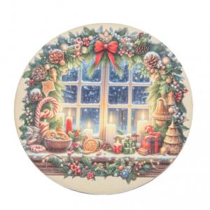 Nyomtatott fa tábla koszorú közép Karácsonyi ablak mintával 11,8cm