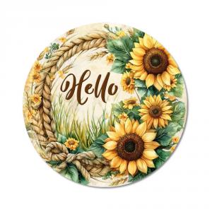 Nyomtatott fa tábla koszorú közép - Napraforgós Hello 11,8cm