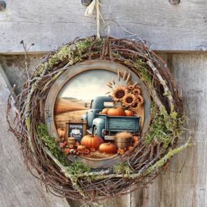 Nyomtatott fa tábla koszorú közép - Őszi táj kék teherautóval 11,8cm