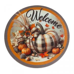 Nyomtatott fa tábla koszorú közép - Welcome kockás tökkel 14,8cm