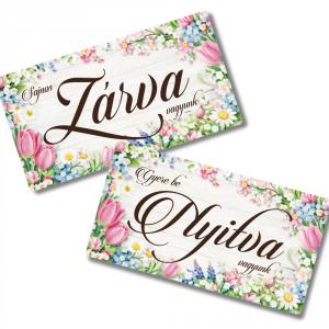 Nyomtatott fa tábla - Zárva-Nyitva 24,3x13cm - rózsaszín tulipános