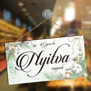 Nyomtatott fa tábla - Zárva-Nyitva tábla - téli gyapotvirággal 24,3x13cm