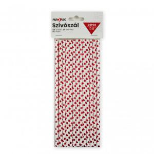 Papír szívószál piros szíves 25db 19,5cm