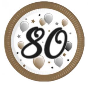 Papír tányér, 80. arany-ezüst lufis, 23 cm 8 db/cs