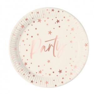 Papír tányér fehér, rose gold csillagos, 23 cm, 8 db/cs