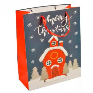 Papír tasak glitteres téli házikóval 26x32cm