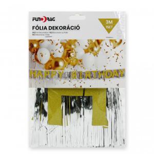 Party dekoráció rojtos Happy Birthday ezüst-sárga 3m