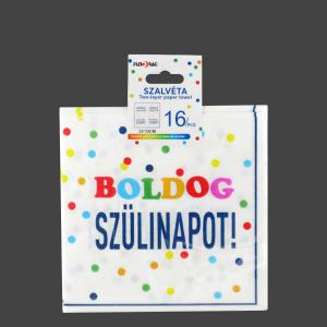Szalvéta Boldog Szülinapot! fehér pöttyös kétrétegű 16db 33x33cm