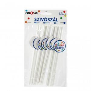 Szívószál Boldog Szülinapot fehér 12db 20cm