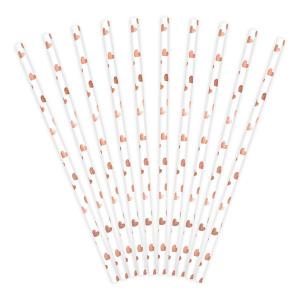 Szívószál papírból, rose-gold szívecskés, 10 db/ csomag