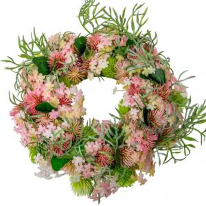 Tavaszi vegyes virágos koszorú rózsaszín D22cm