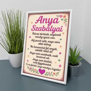 Vicces Kép Kerettel 21×30 cm – Anya Szabályai - Anyák napi ajándék, szívmelengető dekor Anyáknak