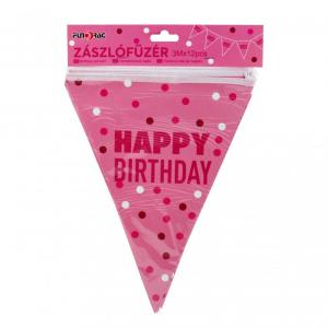 Zászlófüzér Happy Birthday rózsaszín 12db 23x29cm-es zászló 3m