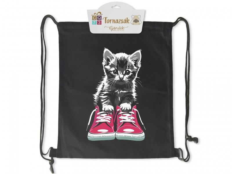 Tornazsák Cica tornacipőben fekete 35x40cm