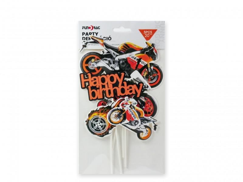 Torta dekoráció Happy Birthday motoros 5db 20cm