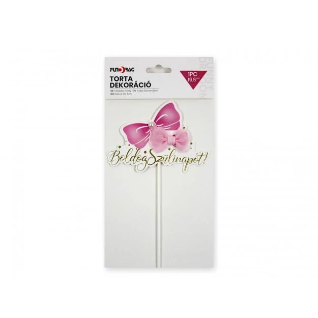 Tortadekoráció Boldog Szülinapot felirattal rózsaszín dupla masnis 1db 19,5cm