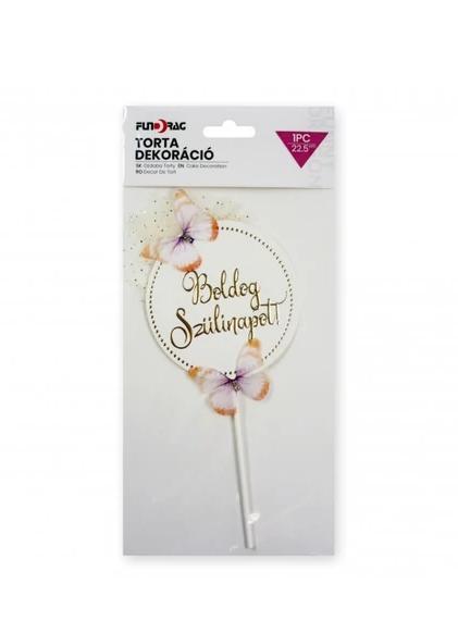 Tortadekoráció Boldog Szülinapot felirattal tortadísz pillangós 1db 19,5cm