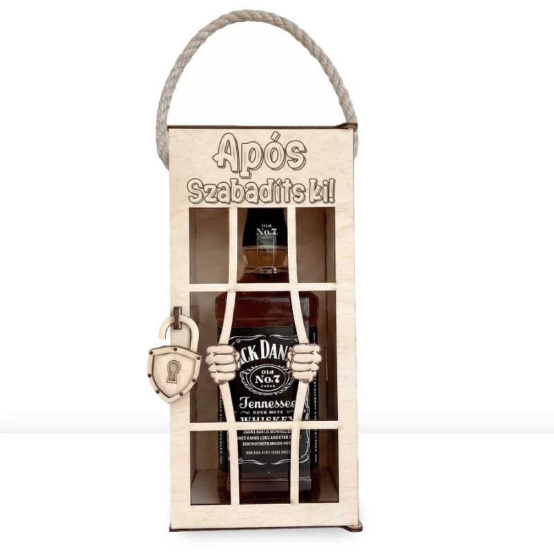 Vicces Börtönös Italos Díszdoboz Fa Italtartó 0,7 l Italokhoz - Após Szabadíts ki! felirattal Gravírozva - Ajándék Apósnak