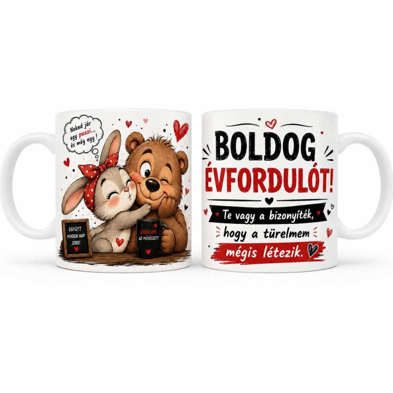 Vicces Évfordulós Bögre – Boldog Évfordulót! – Humoros Ajándék Pároknak