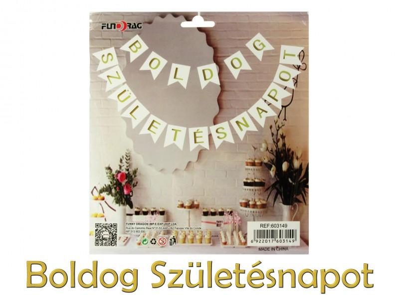 Zászlófüzér Boldog Születésnapot fehér/arany 19db 16x20cm