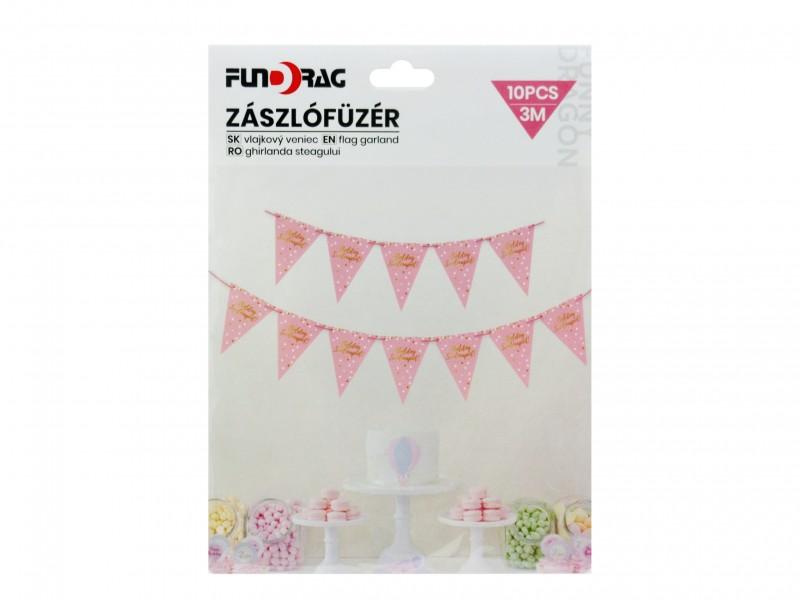 Zászlófüzér Boldog Szülinapot rózsaszín/arany 10db 3m