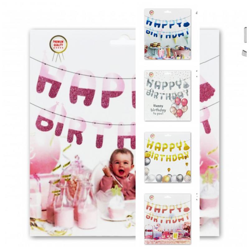 Zászlófüzér Happy birthday fénylő/csillogó 14db 14cm-es zászló választható