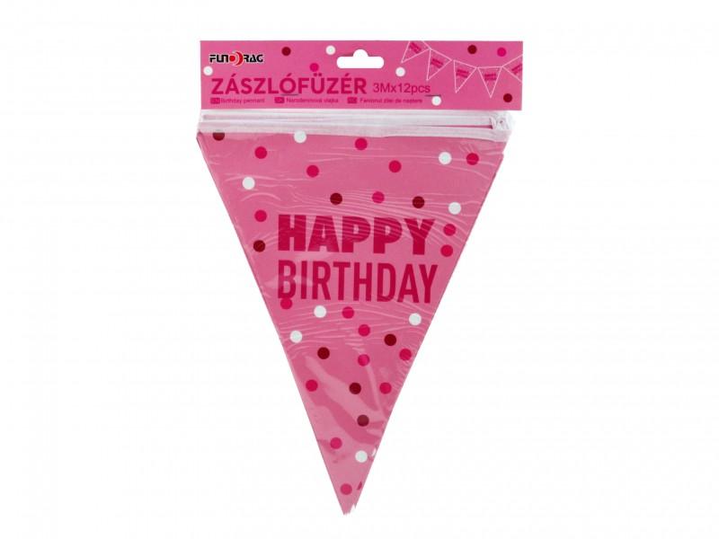 Zászlófüzér Happy Birthday rózsaszín 12db 23x29cm-es zászló 3m