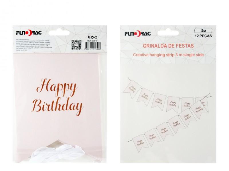 Zászlófüzér Happy Birthday rózsaszín 3m