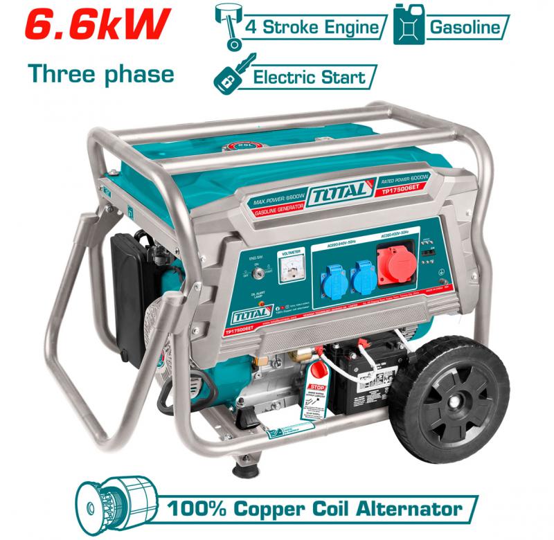 3 fázisú benzines áramfejlesztő 6,6 kW, 25L/15LE/9óra/3000rpm INDUSTRIAL (TP175006ET)
