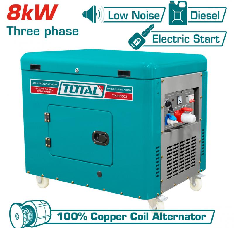 3 fázisú csendes dízel áramfejlesztő 8 kW, 25L/9LE/9óra/3000rpm (TP280003)