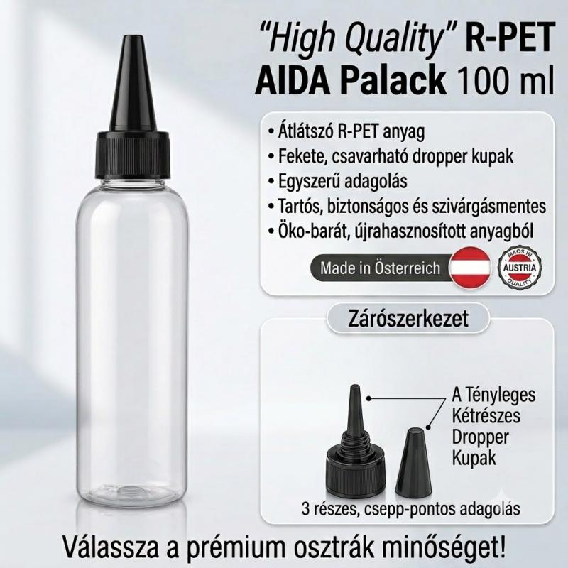 "High Quality" - R-PET AIDA átlátszó palack  - 100 ml
