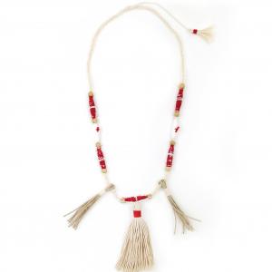 ● Textilnyaklánc bojttal, piros textilgyöngyökkel●