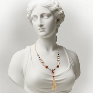 ● Rusztikus, hosszú nyaklánc textilgyöngyökkel, bojttal●