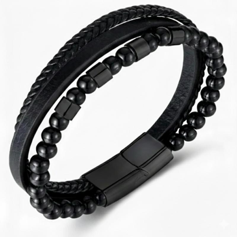 Éjfekete Harcos – Férfi bőrkarkötő ónix gyöngyökkel és fekete mágneszárral