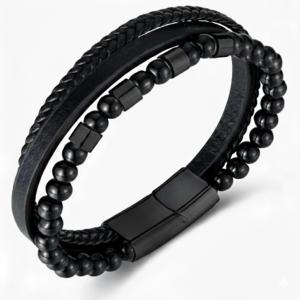 Éjfekete Harcos – Férfi bőrkarkötő ónix gyöngyökkel és fekete mágneszárral