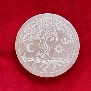 Szelenit „Égi Harmónia” Tisztító Korong – Életfa, Nap és Hold motívummal