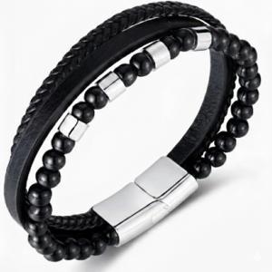 Titokzatos Erő – Férfi bőrkarkötő ónix gyöngyökkel és mágneszárral