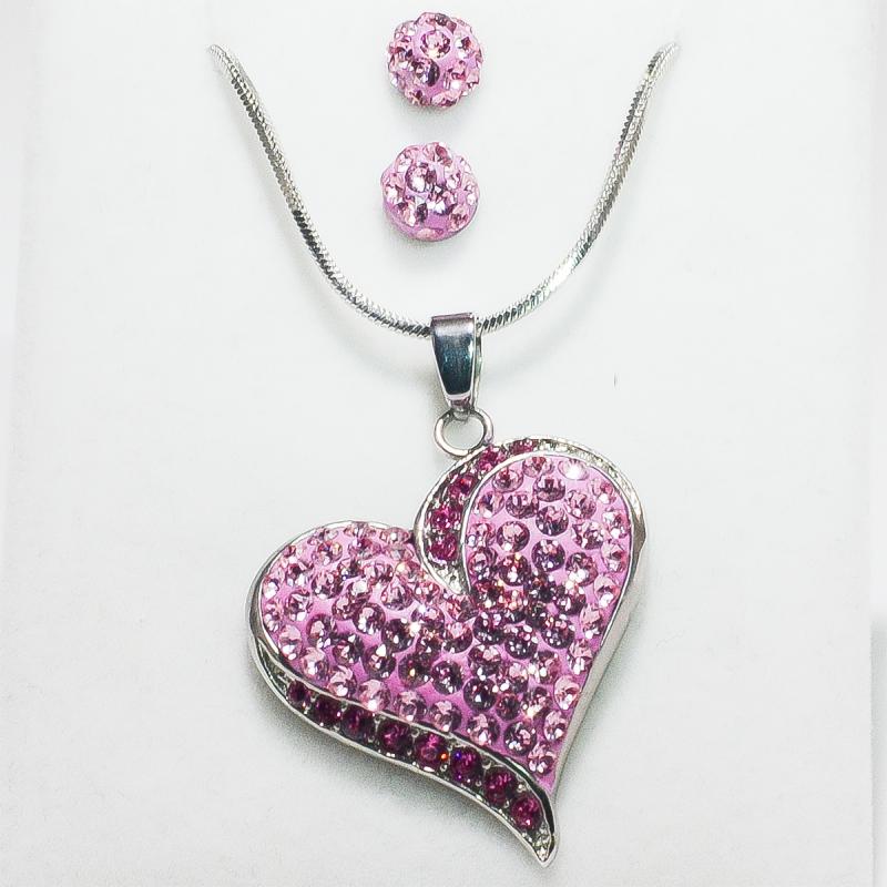 Swanis szív medál, fülbevaló szett - rózsaszín köves + AJÁNDÉK díszdoboz