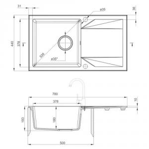 Gránit szögletes egy medencés mosogató + csepegtető  - Gori, fekete
