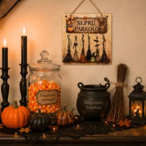 Fa tábla nyomtatott mintával - halloween - seprű  parkoló