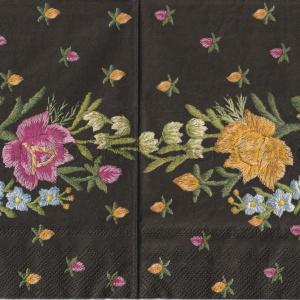 Szalvéta - hímzett virágok fekete alapon