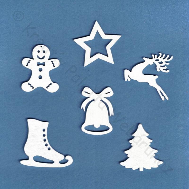 Fafigura - karácsonyi díszek 5 cm, 6 db - fehér