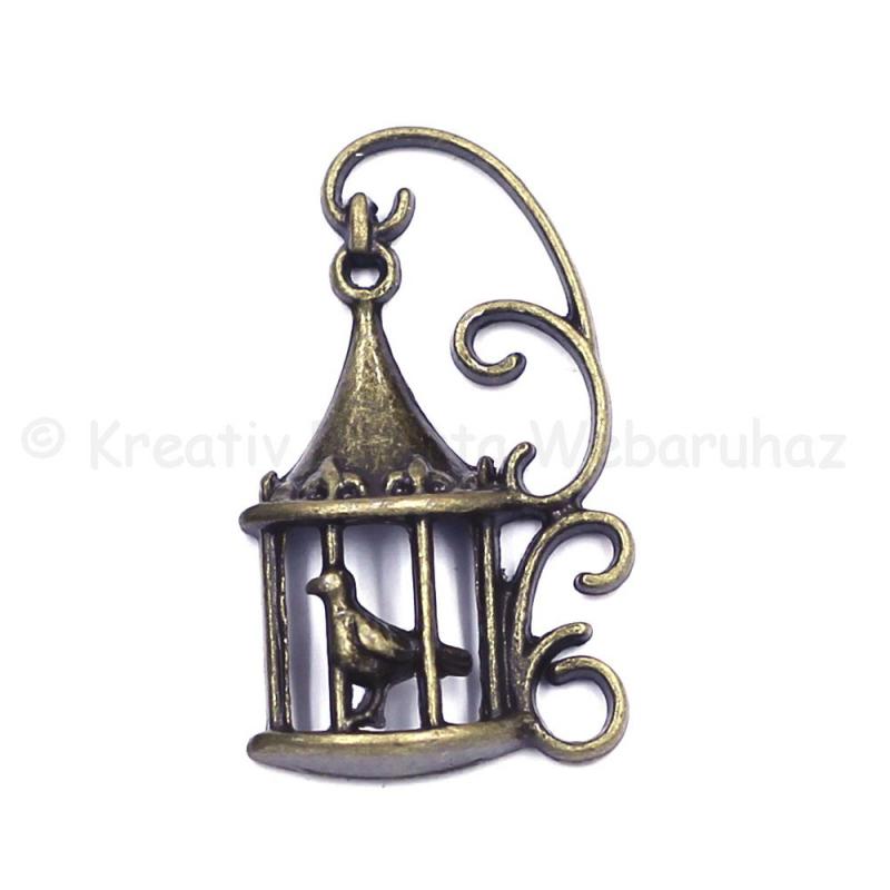 Fém díszítőelem - kalitka madárkával 3,5 x 2 cm