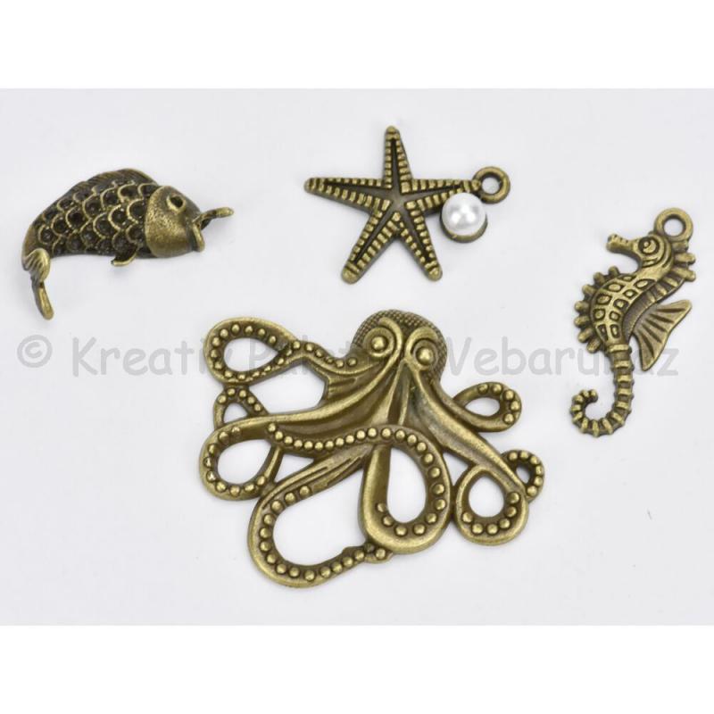 Fém díszítőelem - tengeri élőlények 4 db-os készlet